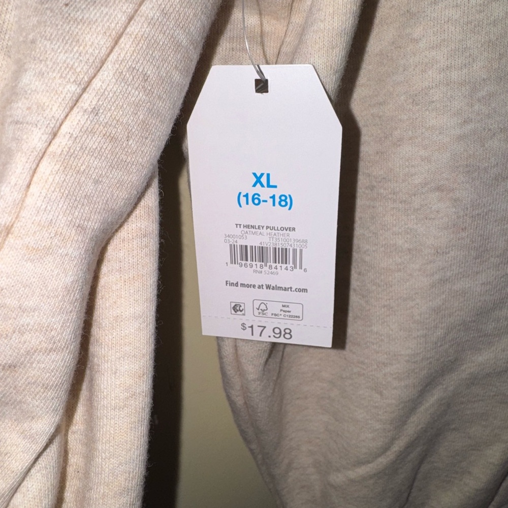 Oatmeal Heather Henley Pullover Sweatshirt | Size XL (16–18) - Picture 4 of 6